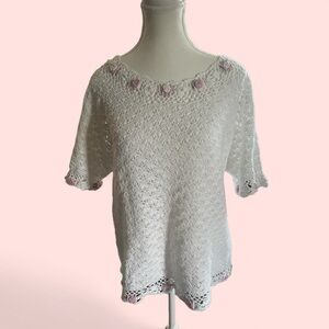 Vintage rosette hemmed crochet on a knit thin lightweight sweater